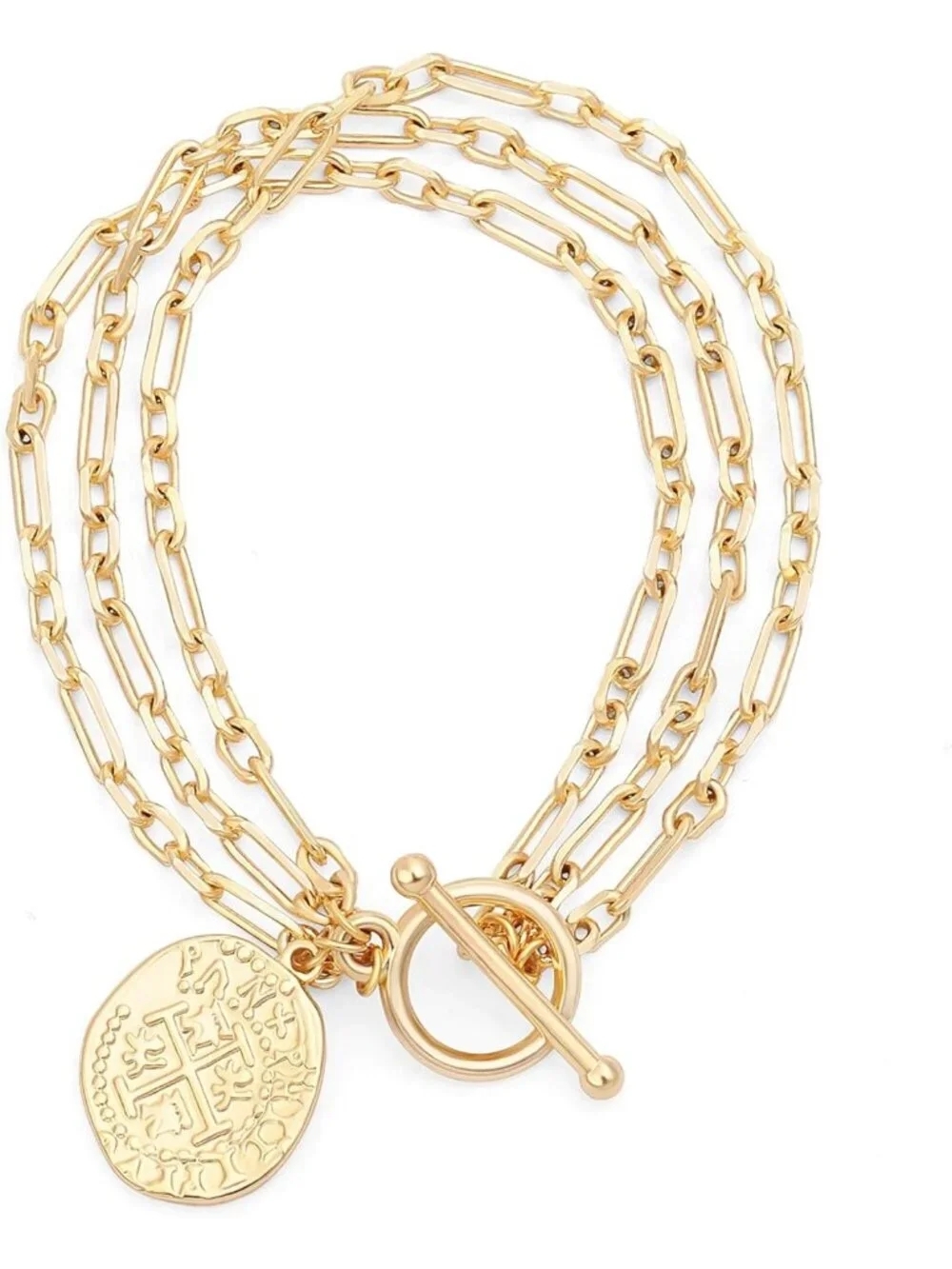Trendy 18k Gold Plated Layered Coin Charm Bracelet with Cubic Zirconia